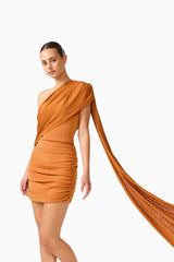 CURAAE Roya Asymmetric Mini Dress in Caramel Brown  with sash detail close up shot