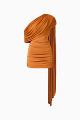 CURAAE Roya Asymmetric Mini Dress in Caramel Brown  with sash detail ghost shot