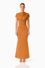 CURAAE Roya Maxi Dress in Caramel Brown with cap sleeves and front gathering front shot