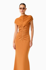 CURAAE Roya Maxi Dress in Caramel Brown with cap sleeves and front gathering close up shot