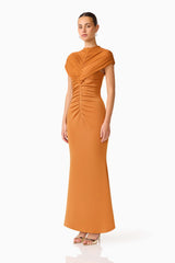 CURAAE Roya Maxi Dress in Caramel Brown with cap sleeves and front gathering side shot
