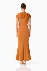 CURAAE Roya Maxi Dress in Caramel Brown with cap sleeves and front gathering back shot