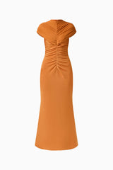 CURAAE Roya Maxi Dress in Caramel Brown with cap sleeves and front gathering ghost shot