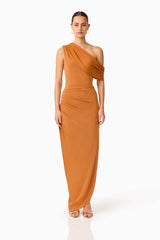 CURAAE Roya Off Shoulder Maxi Dress in Caramel Brown with draped shoulder design front shot