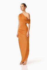 CURAAE Roya Off Shoulder Maxi Dress in Caramel Brown with draped shoulder design side shot