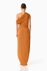 CURAAE Roya Off Shoulder Maxi Dress in Caramel Brown with draped shoulder design back shot