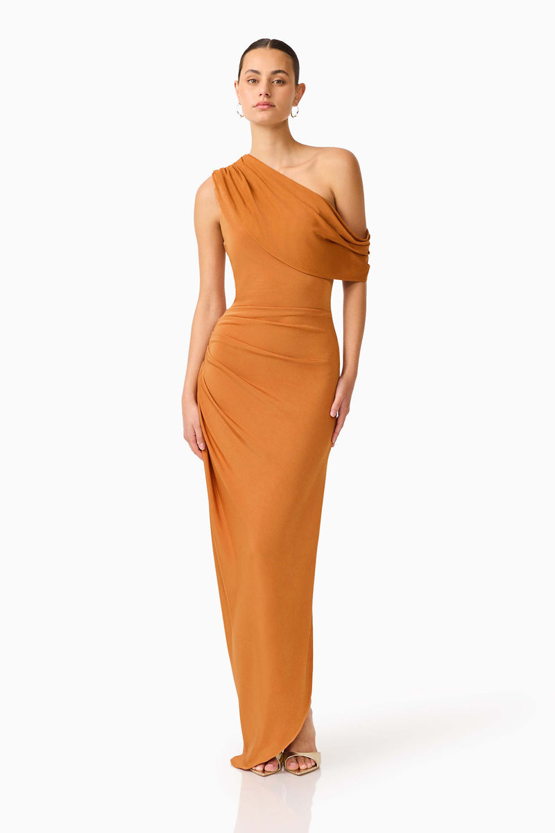 CURAAE Roya Off Shoulder Maxi Dress - Caramel Brown - XXS