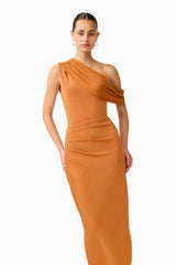 CURAAE Roya Off Shoulder Maxi Dress in Caramel Brown with draped shoulder design close up shot