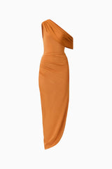 CURAAE Roya Off Shoulder Maxi Dress in Caramel Brown with draped shoulder design ghost shot