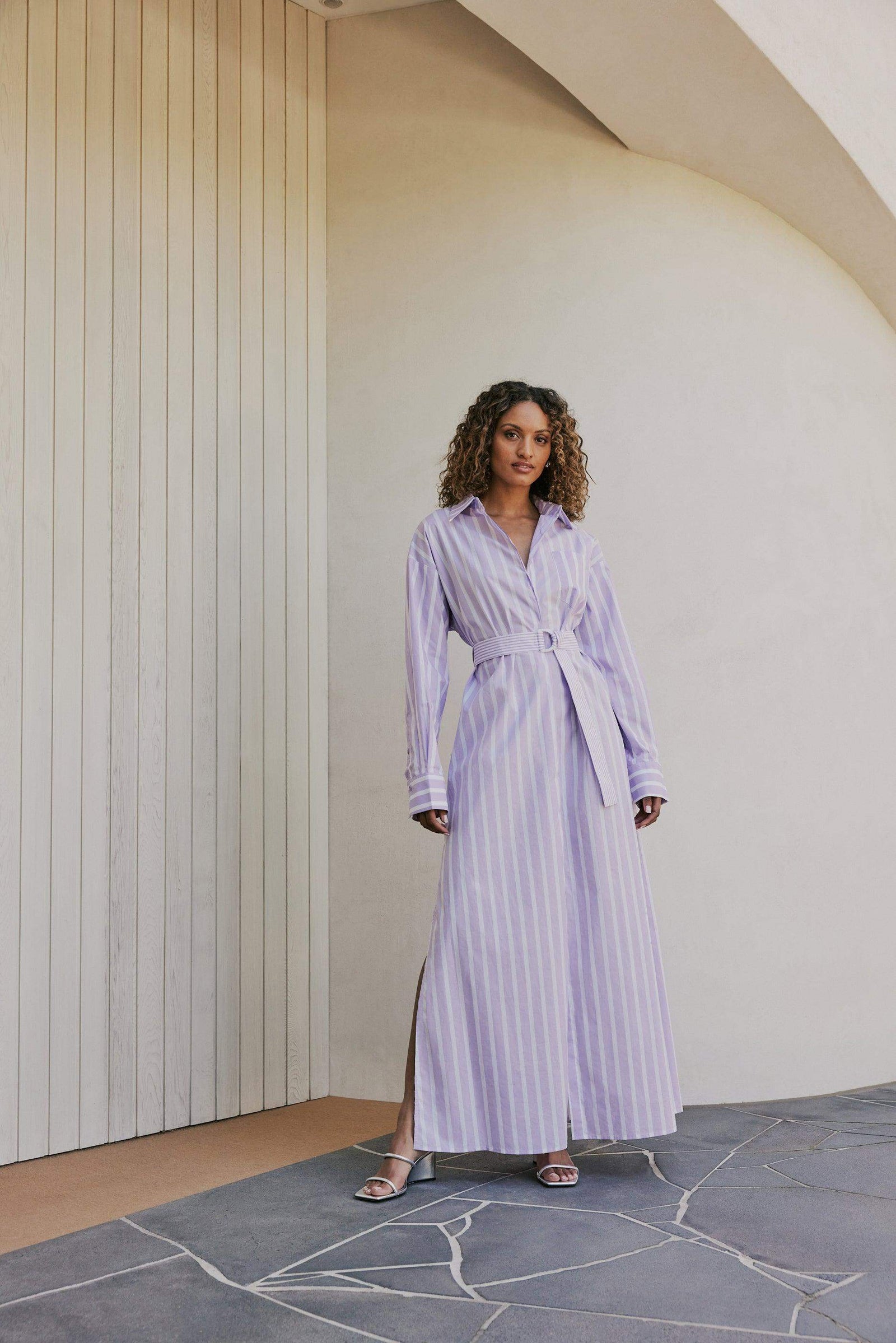 CURAAE Jasmine Maxi Shirt Tie A Line Dress In Purple Stripe – Elliatt