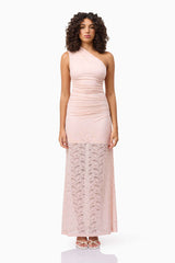 Brunette model wearing CURAAE Armelle Lace Maxi Dress in Pink front shot