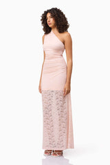 Brunette model wearing CURAAE Armelle Lace Maxi Dress in Pink side shot
