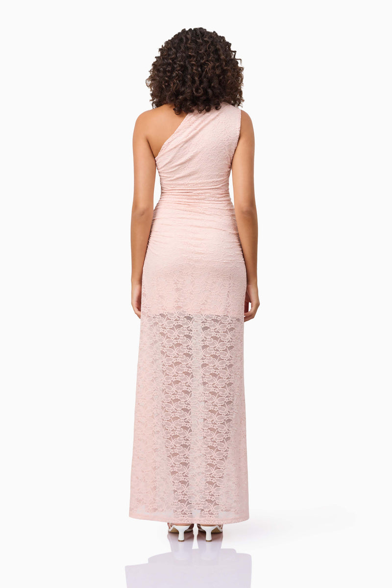 Brunette model wearing CURAAE Armelle Lace Maxi Dress in Pink back shot