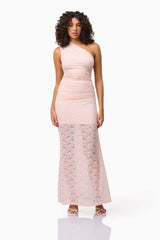 Brunette model wearing CURAAE Armelle Lace Maxi Dress in Pink posed front shot