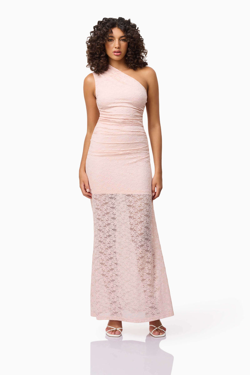Brunette model wearing CURAAE Armelle Lace Maxi Dress in Pink posed front shot