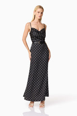 Blonde model wearing Aurellia Cami Top & Skirt Set in Black Polka Dot posed shot