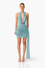 CURAAE Orel Halter Cowl Neck Mini Dress in Blue front shot