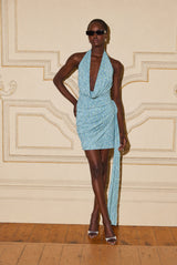 CURAAE Orel Halter Cowl Neck Mini Dress in Blue campaign shot