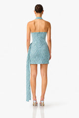 CURAAE Orel Halter Cowl Neck Mini Dress in Blue back shot