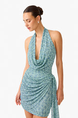 CURAAE Orel Halter Cowl Neck Mini Dress in Blue detailed shot