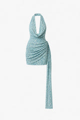 CURAAE Orel Halter Cowl Neck Mini Dress in Blue ghost image