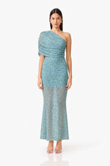 CURAAE Orel Asymmetric Maxi Dress in Blue with draped shoulder design & sheer skirt panel front shot 