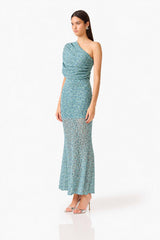 CURAAE Orel Asymmetric Maxi Dress in Blue with draped shoulder design & sheer skirt panel side shot 