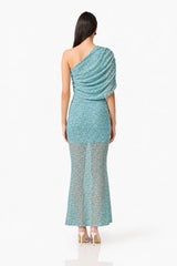 CURAAE Orel Asymmetric Maxi Dress in Blue with draped shoulder design & sheer skirt panel front shot 