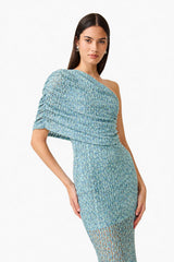 CURAAE Orel Asymmetric Maxi Dress in Blue with draped shoulder design & sheer skirt panel close up shot 