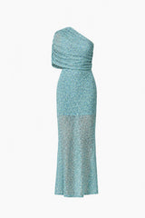 CURAAE Orel Asymmetric Maxi Dress in Blue with draped shoulder design & sheer skirt panel ghost shot 