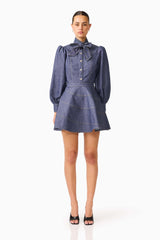CURAAE Vana Denim Blouse & Skirt Set in Blue with high neckline & long sleeves front shot