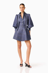 CURAAE Vana Denim Blouse & Skirt Set in Blue with high neckline & long sleeves posed shot