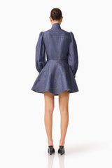 CURAAE Vana Denim Blouse & Skirt Set in Blue with high neckline & long sleeves front shot