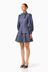 CURAAE Vana Denim Blouse & Skirt Set in Blue with high neckline & long sleeves side shot