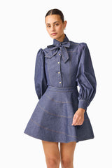 CURAAE Vana Denim Blouse & Skirt Set in Blue close up shot