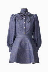 CURAAE Vana Denim Blouse & Skirt Set in Blue with high neckline & long sleeves ghost shot