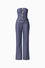 CURAAE Vana Denim Jumpsuit in Blue with strapless neckline & front botton detail ghost shot 