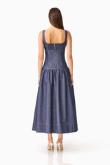 CURAAE Vana Denim Maxi Dress in Blue with drop waist & zipper back back shot