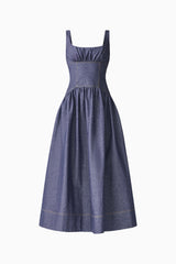 CURAAE Vana Denim Maxi Dress in Blue with scoop neckline & drop waist ghost shot
