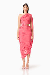 CURAAE Cleo One Shoulder Midi Dress in Pink with draped sash & side cut out front shot
