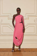 Model wears the CURAAE Cleo One Shoulder Midi Dress in Pink to girls birthday lunch 