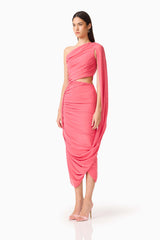 CURAAE Cleo One Shoulder Midi Dress in Pink with draped sash & side cut out side shot