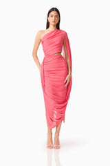 CURAAE Cleo One Shoulder Midi Dress in Pink with draped sash & side cut out posed shot