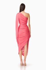 CURAAE Cleo One Shoulder Midi Dress in Pink with draped sash & asymmetric back back shot