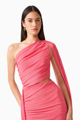CURAAE Cleo One Shoulder Midi Dress in Pink with draped sash & side cut out close up shot