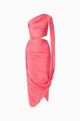 CURAAE Cleo One Shoulder Midi Dress in Pink with draped sash & side cut out ghost shot