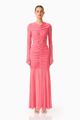 CURAAE Cleo Long Sleeve Maxi Dress in Pink with front gathering & thumbholes front shot