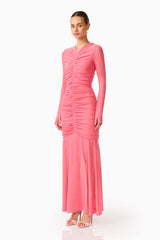 CURAAE Cleo Long Sleeve Maxi Dress in Pink with front gathering & thumbholes side shot