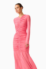 CURAAE Cleo Long Sleeve Maxi Dress in Pink with front gathering & thumbholes posed shot