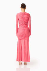 CURAAE Cleo Long Sleeve Maxi Dress in Pink with back gathering & zipper back back shot